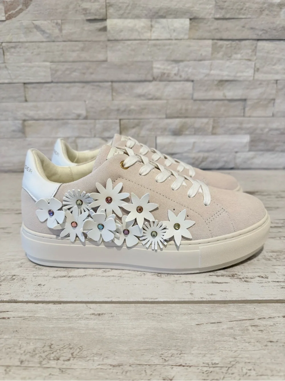 Kurt Geiger London Laney Flower Suede Platform Sneakers Bone Combo Sz 40.5 EU
